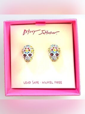 Betsey Johnson White Skull Stud Earrings with Multicolor Crystals